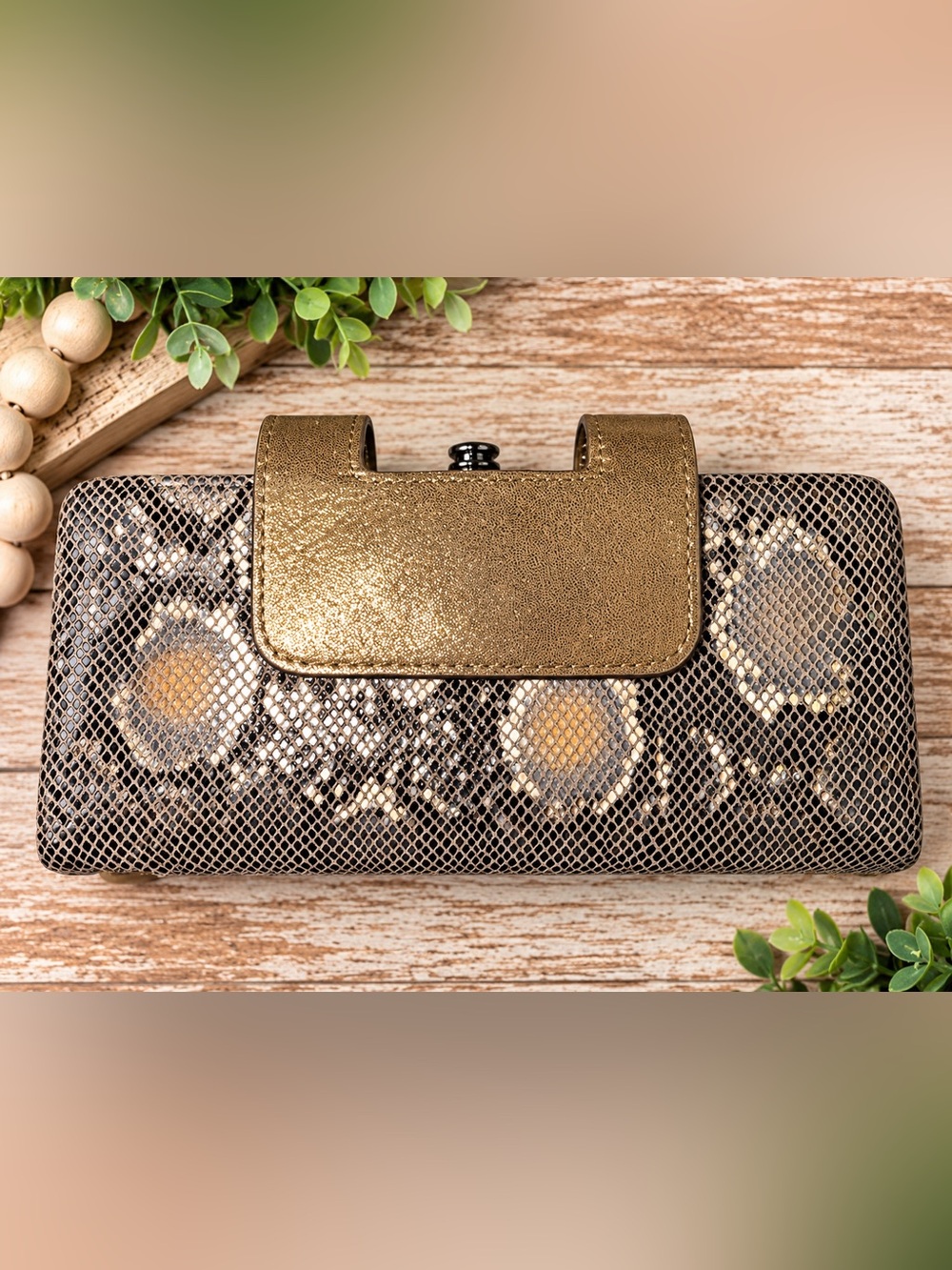 HOBO Lauren Metallic Snakeskin Leather Double Frame Clutch Wallet Wristlet